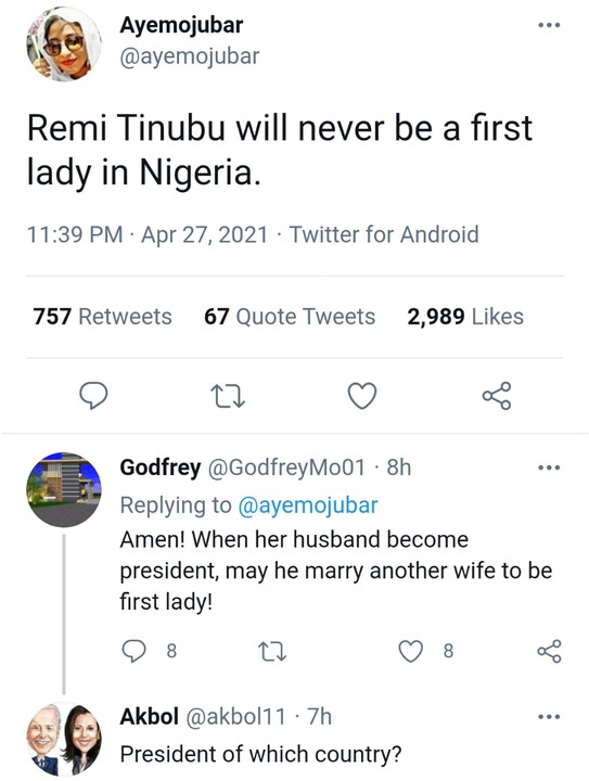 Remi Tinubu Can Never Be First Lady Of Nigeria - Nigerians ...